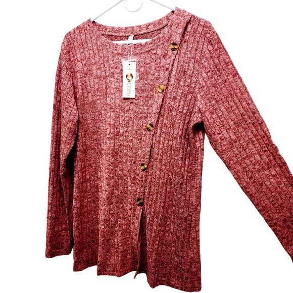 Womens Ribbed Knit Asymmetrical Button Front Sweater Top Long Sleeve Red Size XL - Picture 8 of 14